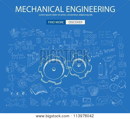 Mechanical Engineering concept with Doodle design style :physics solution, re-engineering, parts design.Modern style illustration for web banners, brochure and flyers.