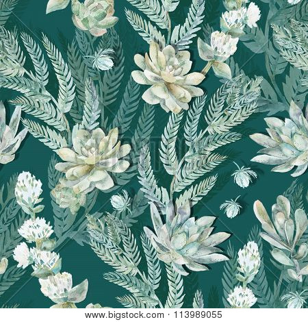 Floral seamless pattern. Succulents, ferns, thorns.