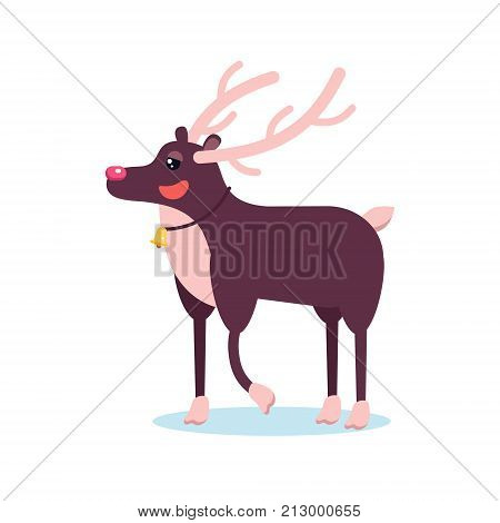 Happy Smiling Christmas Deer Cartoon Character Smiling With Raising Hoof. Cheerful Positive Xmas Rei