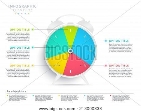 Alarm Clock 5 Step Business Process Pie Chart Infographics. Creative Corporate Workflow Circle Graph