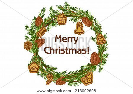 Cartoon vector Merry Christmas wreath, spruce with bigwigs and cookie