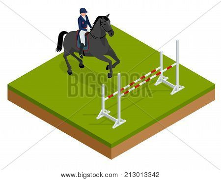 Jumping horse and rider practicing at racetrack. Isometric vector illustration Champion. Horse-racing. Hippodrome. Racetrack. Jump racetrack