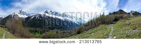 Panoramic view of Chamonix and Alps the highest and most extensive mountain range system that lies entirely in Europe