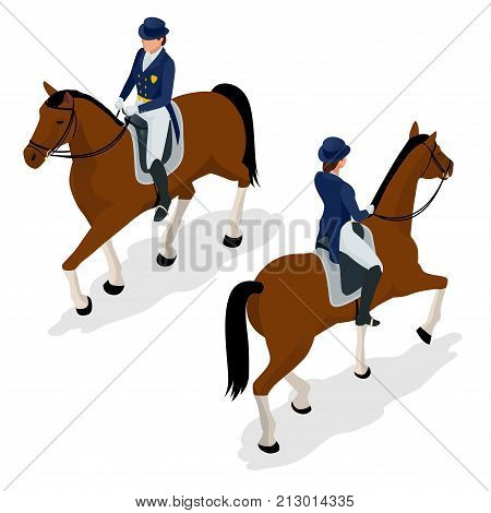 Jockey on the horse. Champion. Horse racing. Hippodrome. Racetrack. Jump racetrack Isometric vector illustration