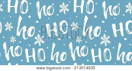 Hohoho seamless pattern for Christmas gifts wrapping, fabric and paper. Funny blue background with white text and snowflakes