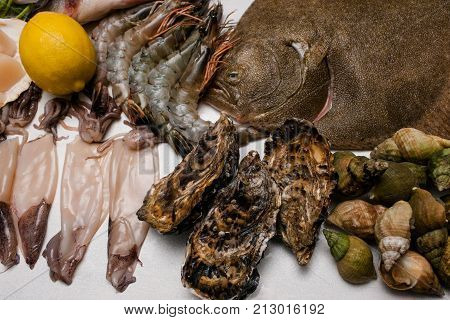 Delicious restaurant market seafood assortment concept. Culinary delights. Proper nutrition.