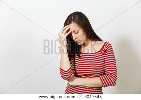 Pretty European Worried And Pensive Brown-haired Woman With Healthy Clean Skin And Headache, Dressed