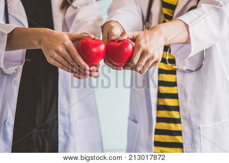 Two doctors holding red heart health care concept.