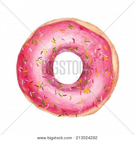 Watercolor pink donut. Sweet dessert with strawberry filling. Isolated on white background