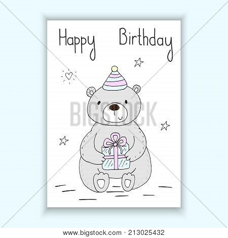 happy birthday card. cute hand drawn bear. vector print.