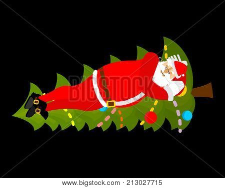 Santa Claus Sleep On Christmas Tree. Sleeping Grandfather. Christmas New Year Illustration