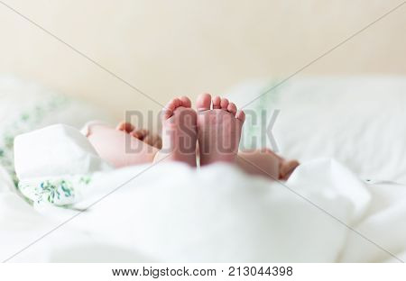 Baby feets, heels, hands in white bed