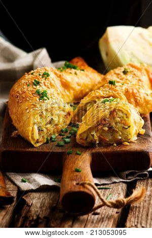 Cabbage strudel. selective focus . style rustic