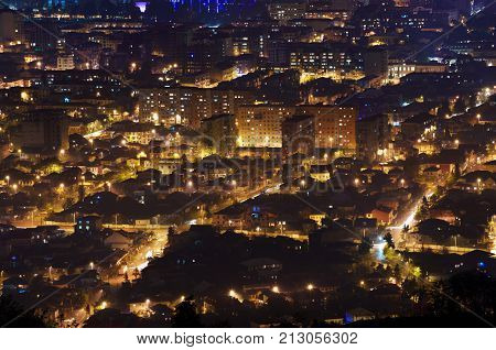 Beautiful Aerial View Of Urban Cityscape At Night. Batumi, Georgia.