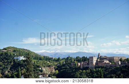 View on mountains and city of Granada in Spain