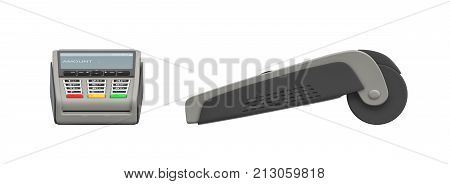 3d rendering of two large payment terminals in front and side views from surface level. Credit and debit cards. POS terminal. Banking for retail.
