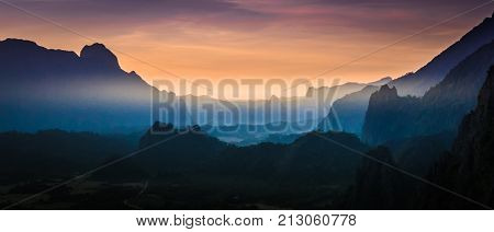 Top view on Pha Ngern Mountain in evening at Vang Vieng Laos