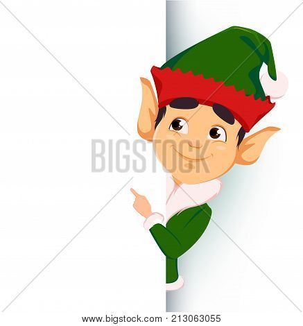 Merry Christmas and Happy New Year. Elf standing behind a sign and showing on blank placard. Happy smiling cartoon character. Vector illustration on white background
