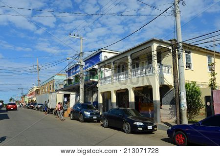 FALMOUTH, JAMAICA - DEC 29, 2014: Falmouth Market Street is located at historic downtown in Falmouth, Jamaica.