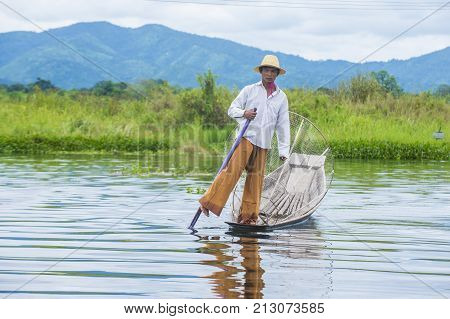 INLE LAKE MYANMAR - SEP 07 : Burmese fisherman at Inle lake Myanmar on September 07 2017 inle Lake is a freshwater lake located in Shan state