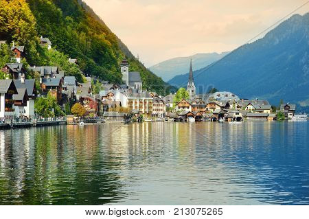Scenic View Of Hallstatt Lakeside Town In The Austrian Alps In Beautiful Evening Light On Beautiful