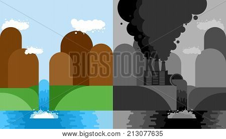 Clean and Industrial Landscape set. Plant poisonous emissions. Mountains and meadows. Fresh air. Environmental pollution. Black smoke from the pipes of the factory. Ecological catastrophy. Vector illustration