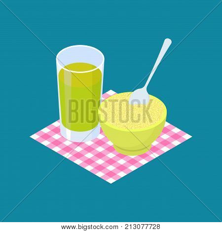 Couscous Porridge and fruit juice. Breakfast Healthy food. Vector illustration
