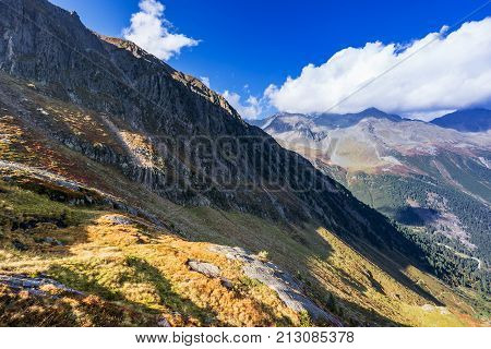 Mountains and peaks landscape. Stubaier Gletscher covered with glaciers and snow natural environment. Hiking in the Stubai Alps. Ski resort in Tirol Austria Europe
