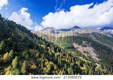 Mountains and peaks landscape. Stubaier Gletscher covered with glaciers and snow natural environment. Hiking in the Stubai Alps. Ski resort in Tirol Austria Europe