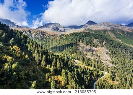 Mountains and peaks landscape. Stubaier Gletscher covered with glaciers and snow natural environment. Hiking in the Stubai Alps. Ski resort in Tirol Austria Europe