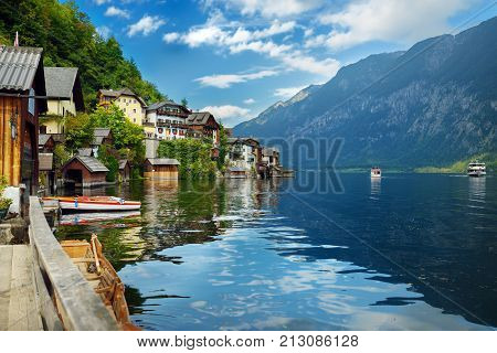 Scenic View Of Hallstatt Lakeside Town In The Austrian Alps In Beautiful Evening Light On Beautiful