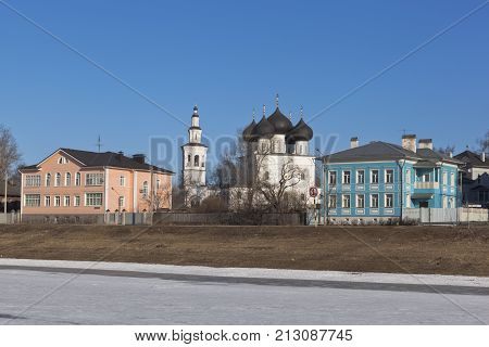 View of the embankment rivers Vologda and Church of St  Nicholas in Vologda, Russia