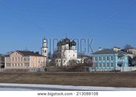View of the embankment rivers Vologda and Church of St  Nicholas in Vladychnaya Sloboda  Vologda, Russia