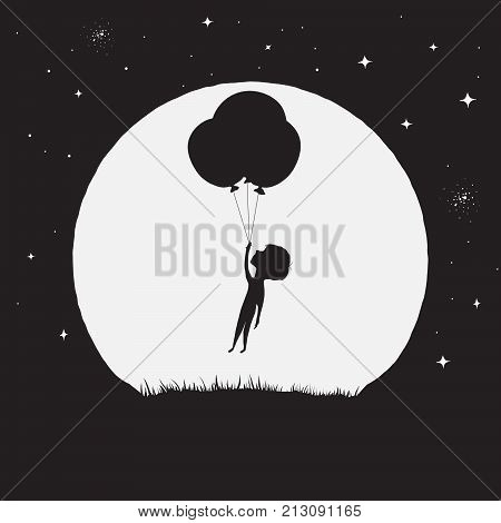 Little boy fly with balloons on full moon background