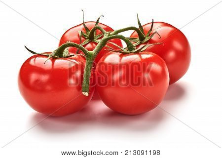 Fresh Red Tomatoes With Green Branch, Isolated On White Background.