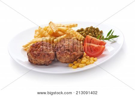 Fried Cutlets With Patato Fries, Isolated On White Background.