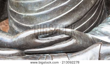 Detail Of Buddha Statue With Dhyana Hand Position, The Gesture Of Meditation