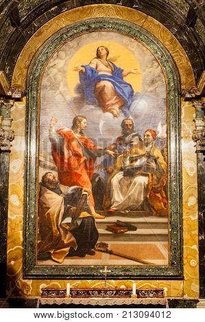 ROME, ITALY. February 24. 2015:  Cybo Chapel, Santa Maria del Popolo Church. Rome. Italy. Immaculate Conception with saints, Carlo Maratta famous painter of the second half of the seventeenth century.