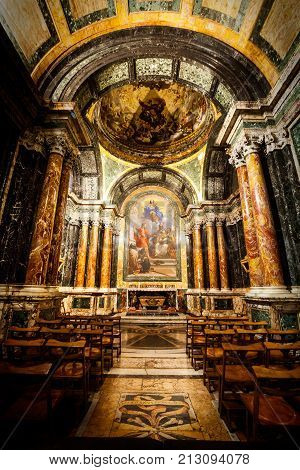 ROME, ITALY. February 24. 2015: Maria immaculate conception with saints. Carlo Maratta, painter of the seventeenth century. In the chapel Cybo, church of Santa Maria del Popolo in Rome, Italy.