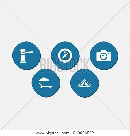 Collection Of Seamark, Booth, Photo Apparatus And Other Elements.  Set Of 5 Journey Icons Set.