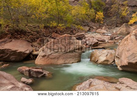 Virgin River flowing through scenic Zion National Park in Autumn