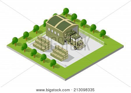 A military truck army vehicle transport in camouflage color disguise. Isometric stock picture truck vector