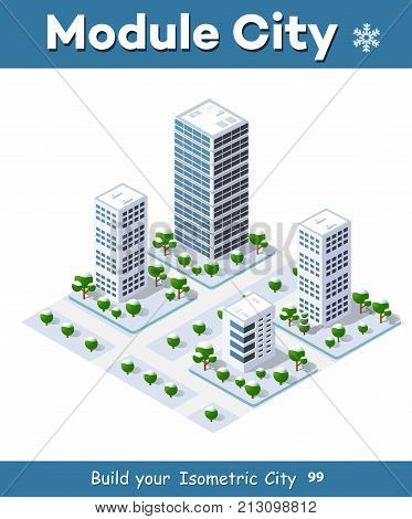 Megapolis 3d isometric three-dimensional view of the city. Collection of houses, skyscrapers, buildings, built and supermarkets with streets and traffic. The stock vector