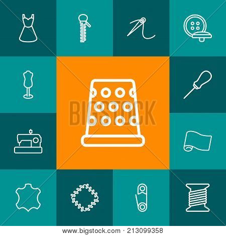 Collection Of Dress, Leather, Needle And Other Elements.  Set Of 13 Tailor Outline Icons Set.