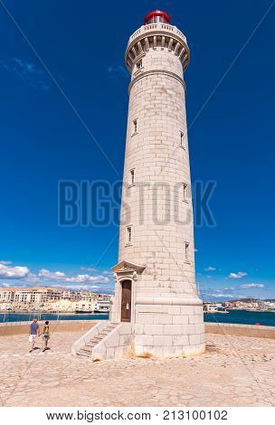 Stunning Harbour Of Sete With Lighthouse In The South Of France Near The Mediterranean. Copy Space F