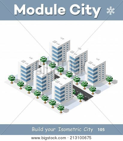 New Year Christmas 3d house in the winter forest. Isometric city building in the region landscape. Three-dimensional urban neighborhood with streets and houses. Seasonal nature scenery stock vector