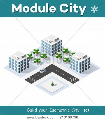 New Year Christmas 3d house in the winter forest. Isometric city building in the region landscape. Three-dimensional urban neighborhood with streets and houses. Seasonal nature scenery stock vector