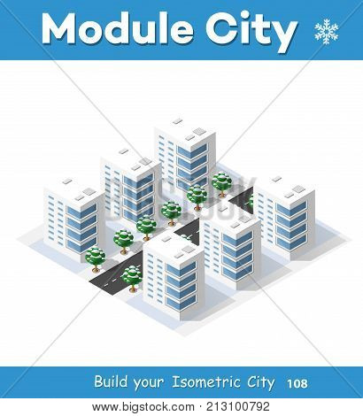 New Year Christmas 3d house in the winter forest. Isometric city building in the region landscape. Three-dimensional urban neighborhood with streets and houses. Seasonal nature scenery stock vector