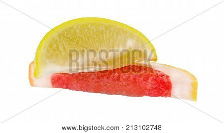 Appetizing bright, tasty, ripe slices of grapefruit and lemon isolated against a white background