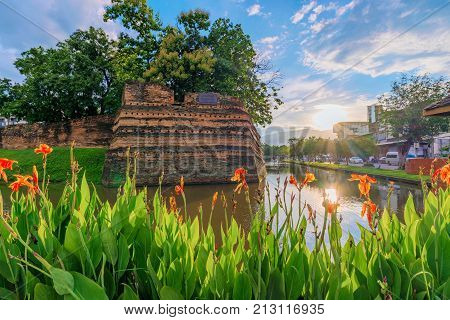 Old city gate ruins river in Chiang Mai Thailand